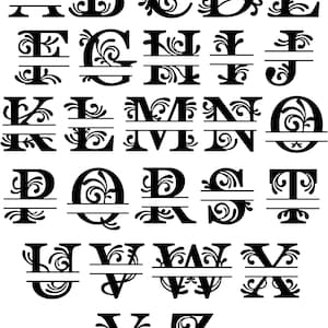 May include: A set of 26 black split monogram letters with a decorative flourish. Each letter is split horizontally with a line in the middle. The letters are in uppercase.