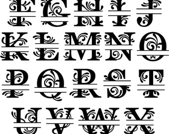 Könnte beinhalten: Ein Satz von 26 schwarzen geteilten Monogramm-Buchstaben mit einer dekorativen Verzierung. Jeder Buchstabe ist horizontal mit einer Linie in der Mitte geteilt. Die Buchstaben sind in Großbuchstaben.