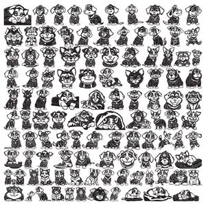 Puede incluir: Ilustración en blanco y negro de numerosos dibujos de perros en diversas poses y estilos. Los perros muestran expresiones y detalles variados, creando un diseño diverso y animado. Ideal para productos con temática de mascotas.