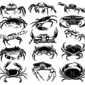 May include: A collection of 12 black and white silhouette illustrations of crabs in various poses. The crabs are drawn in a simple, stylized manner, with their claws and legs outstretched.