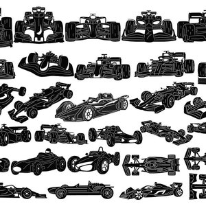 以下が含まれることがあります： フォーミュラ1のレーシングカーの白黒シルエットイラスト30点のセット。正面、側面、上面など、さまざまな角度から描かれています。