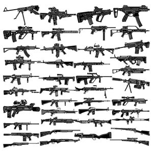 Puede incluir: Una colección de 36 ilustraciones en blanco y negro de diferentes tipos de rifles. Los rifles están dibujados de forma simple y estilizada.