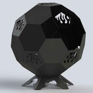 May include: Black metal fire pit shaped like a football with cutouts of flames. The fire pit has a stand with three legs.