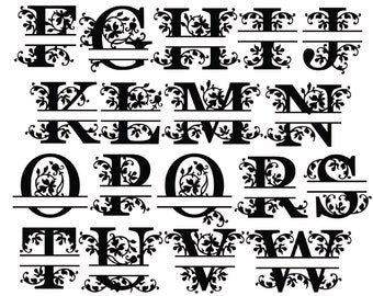 Könnte beinhalten: Ein Satz von 26 schwarz-weißen geteilten Monogramm-Buchstaben mit floralen Designs. Jeder Buchstabe ist mit einer horizontalen Linie in zwei Hälften geteilt, so dass zwei Initialen auf jeder Seite der Linie platziert werden können.