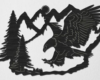 Eagle Attack Mountain View scene-DXF files cut ready for cnc machines, laser cutting and plasma cutting