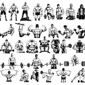 May include: A collection of black and white illustrations of muscular figures engaged in various weightlifting and exercise activities. The images depict individuals lifting dumbbells, barbells, and performing pull-ups, showcasing a range of workout poses and equipment.