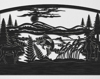 Lake Scene DXF-bestand: vis, duikers, eland CNC lasergesneden