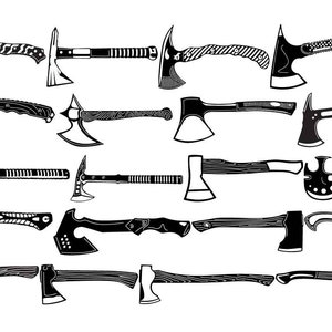 以下が含まれることがあります： さまざまな種類の斧の白黒イラスト15点のセット。斧はすべてシンプルでスタイリッシュな方法で描かれています。