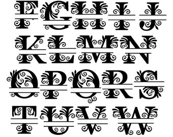Könnte beinhalten: Schwarz-weißes geteiltes Monogramm-Schriftalphabet mit dekorativen Verzierungen. Jeder Buchstabe ist mit einer horizontalen Linie und dekorativen Schnörkeln in zwei Hälften geteilt.