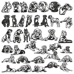 May include: A collection of black and white dog illustrations, featuring various breeds and poses. The dogs are depicted in different positions, including standing, sitting, and lying down. The illustrations are detailed and artistic.