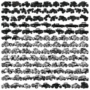 Peut inclure: Une collection d'illustrations en silhouette noire et blanche de divers camions, fourgonnettes et monster trucks. Les illustrations sont disposées en rangées et en colonnes, chaque véhicule étant orienté vers l'avant.