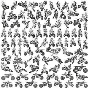 Può includere: Una collezione di illustrazioni in bianco e nero di piloti di motocross su motociclette in varie pose d'azione. Le immagini mostrano i piloti a mezz'aria, in curva e durante le acrobazie, mostrando la natura dinamica dello sport.