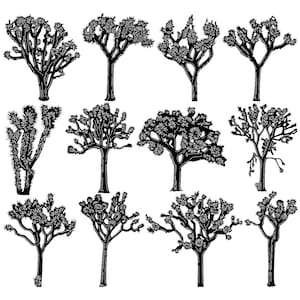 May include: A set of 12 black and white silhouette illustrations of Joshua trees. The trees are depicted in various poses and angles, showcasing their unique branching patterns and spiky leaves.