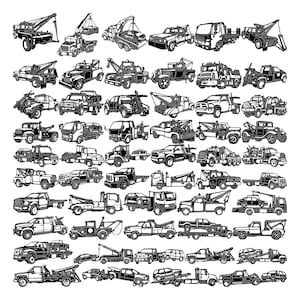 May include: A collection of black and white illustrations of tow trucks. The illustrations show a variety of tow trucks, including flatbed trucks, hook and chain trucks, and wrecker trucks. The illustrations are all in a similar style, with a focus on the details of the trucks.