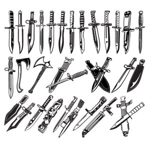 May include: A collection of black and white illustrations of various knives and axes. The image features a variety of blade styles, including bayonets, daggers, and hatchets, all with detailed handles and sharp edges. The overall design is a classic, vintage style.
