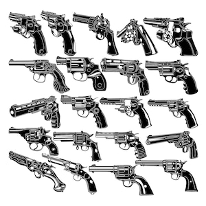 May include: A collection of 20 black and white silhouette images of different types of revolvers and pistols.
