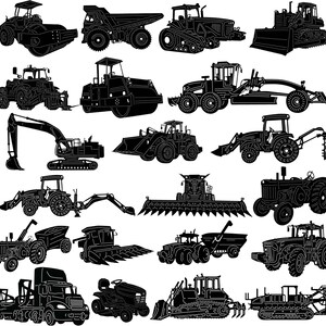 Könnte beinhalten: Eine Sammlung von schwarzen Silhouette-Illustrationen verschiedener Baumaschinen, darunter Bulldozer, Bagger, Traktoren und Lader.