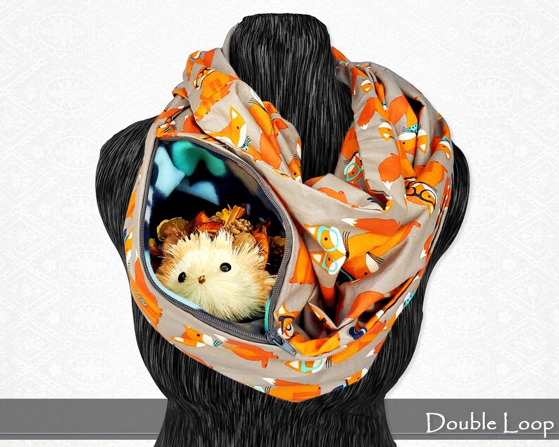 Gentlemen Foxes Bonding Scarf for Small Pets with Hidden Fleece Pocket Gray and Orange Cotton Bond Pouch 72" Double Loop