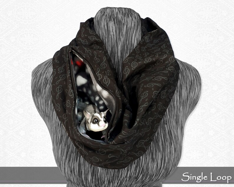 Music Note Bonding Scarf for Small Pocket Pets Black Treble Clef Cotton Infinity Scarf with Secret Pouch 36" Single Loop