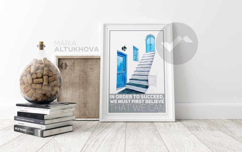 success quote Santorini streets drawing Greece Santorini printed travel poster motivational inspirational wall art decor prints