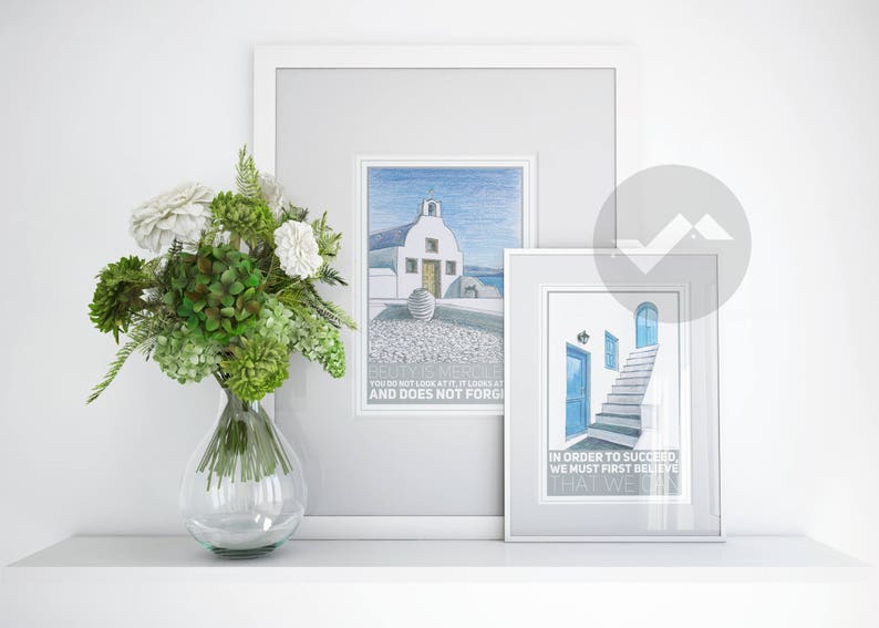 success quote Santorini streets drawing Greece Santorini printed travel poster motivational inspirational wall art decor prints
