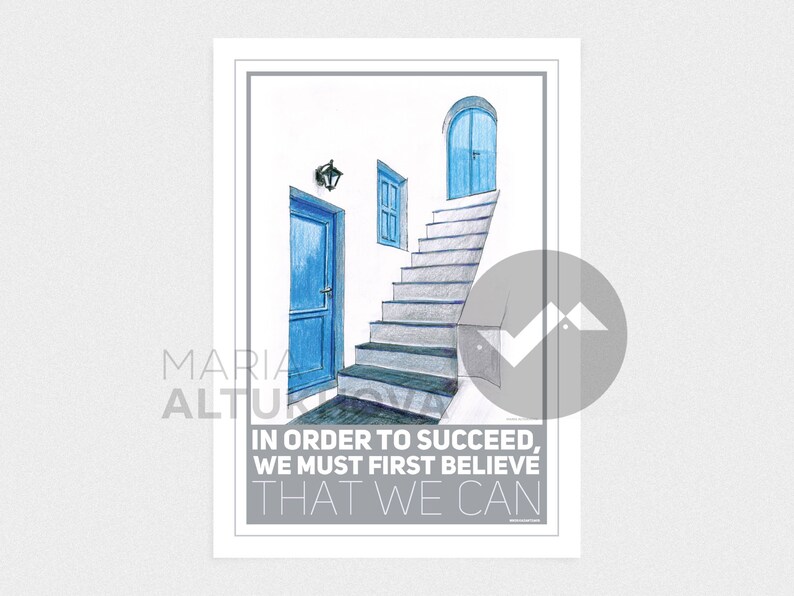 success quote Santorini streets drawing Greece Santorini printed travel poster motivational inspirational wall art decor prints