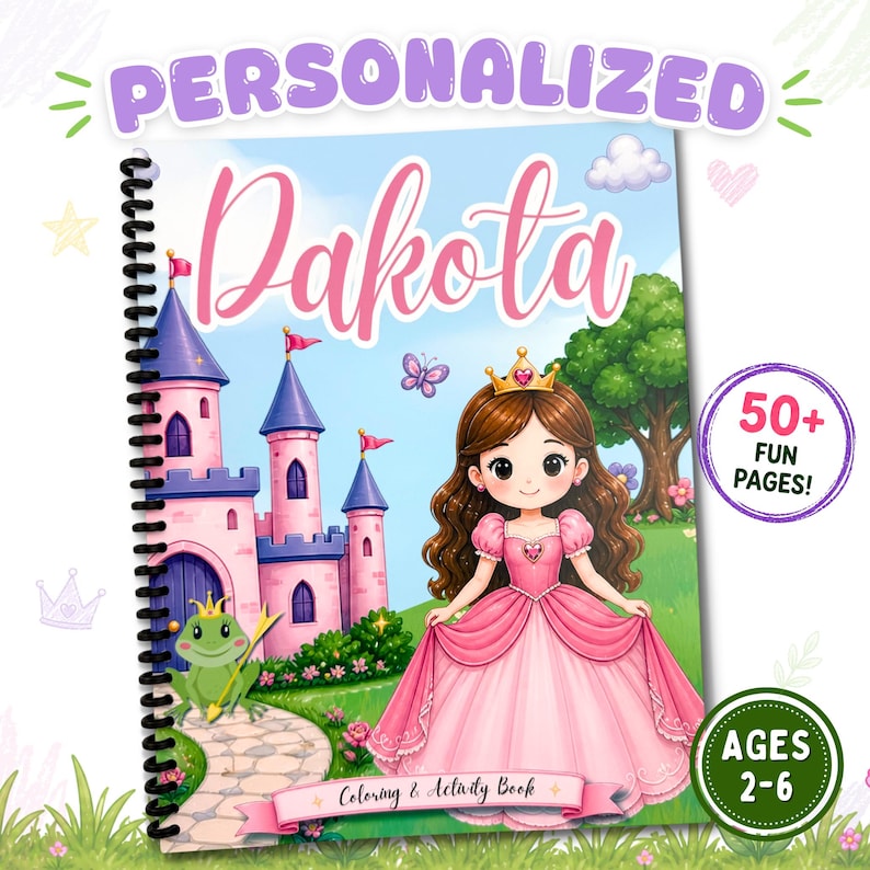 Personalized princess activity book thumbnail showing custom name book for girls with 50+ fun pages, princess theme, toddler learning activities, coloring pages and preschool workbook for ages 2-6.