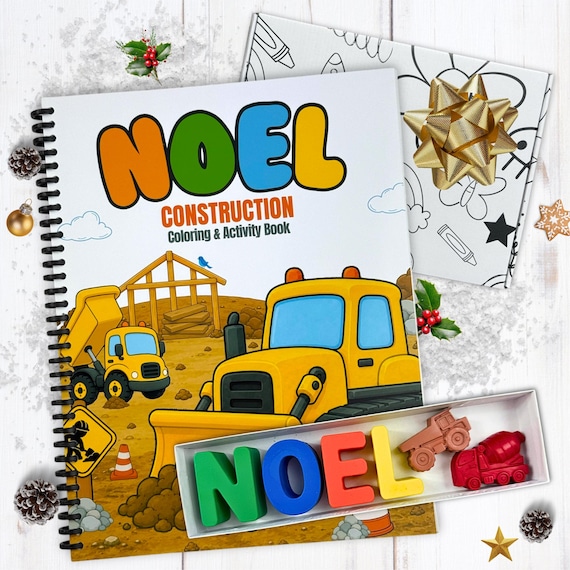 Personalized Christmas Kids Construction Coloring Book, Custom Name Crayons Gift Box