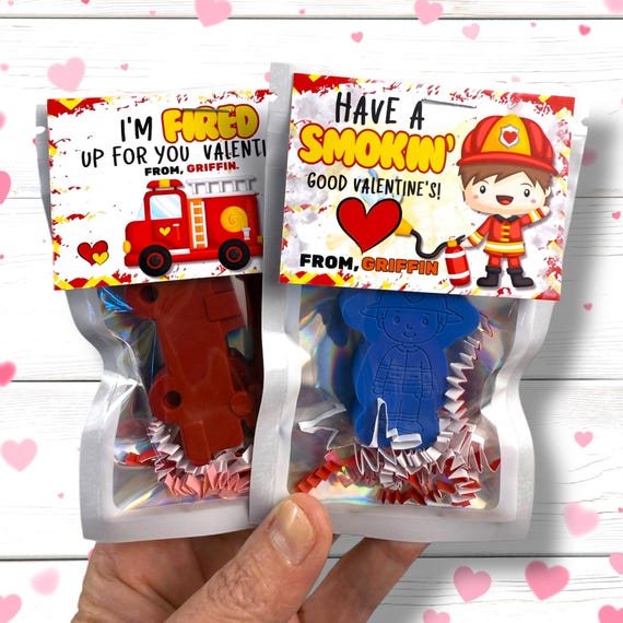 Firetruck Crayon Valentine Cards: Kids Classroom Favors