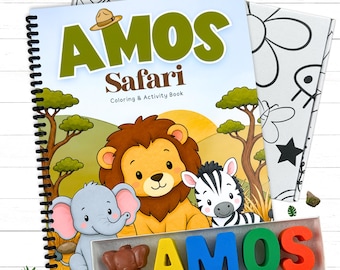 Personalized Kids Safari Activity Coloring Book and Custom Name Crayon Gift Set