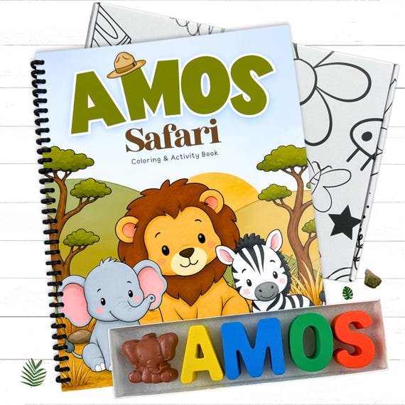 Personalized Kids Safari Activity Coloring Book and Custom Name Crayon Gift Set