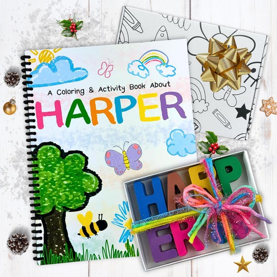 Personalized Christmas Kids Gift Box, Custom Name Crayons and Activity Book Set