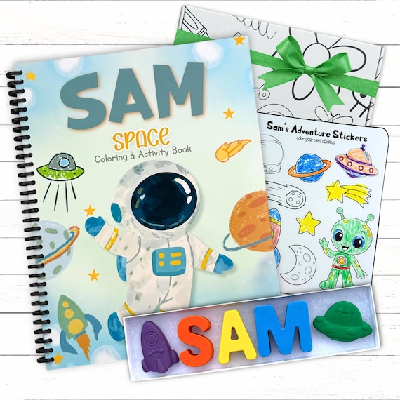 Personalized Space 4th Birthday Coloring Book, Custom Name Crayons Sticker Gift Box
