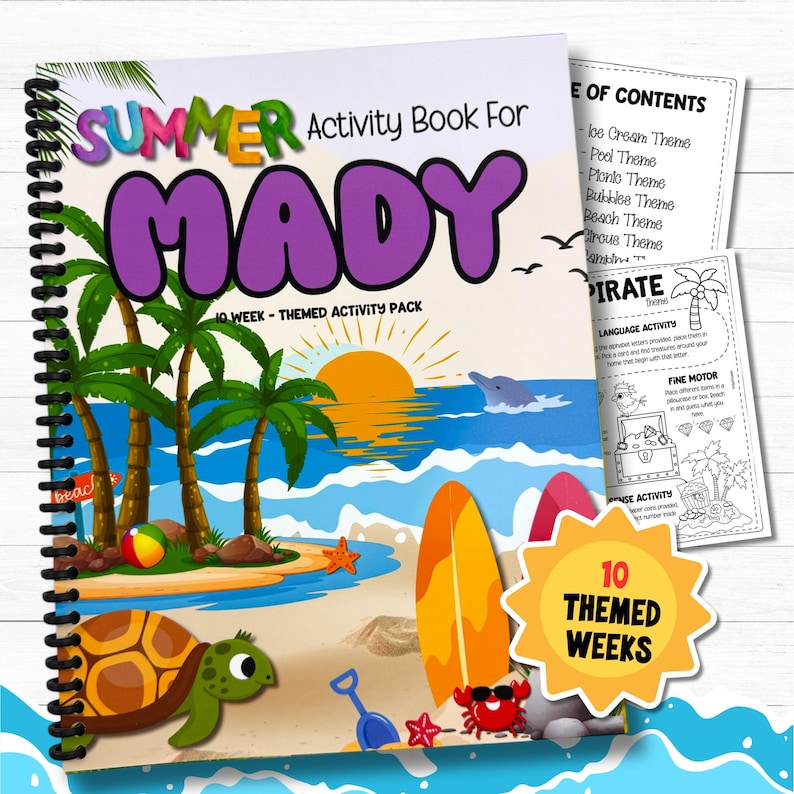 Personalized Summer Activity Book for Kids - 10 Week Learning Workbook - Preschool Fine Motor, Language, Science, Number Fun - Ages 3-5