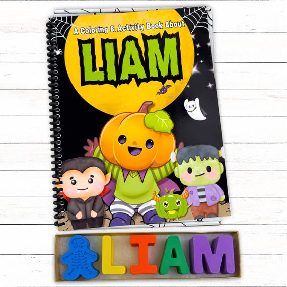 Personalized Kids Vampire Halloween Activity Coloring Book, Custom Name Crayons Gift Box