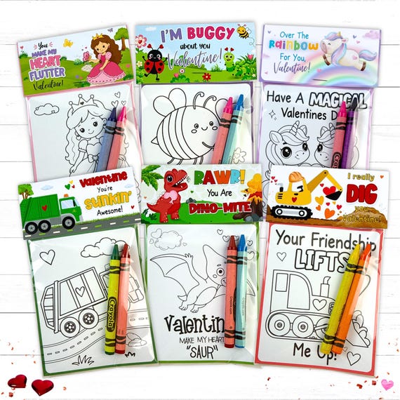 Personalized Kids Valentine Classroom Favors Assorted Coloring Packs Variety Set