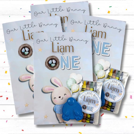 Personalized Bunny Birthday Party Favors for Boys, Non Candy Kids Goodie Bag Set