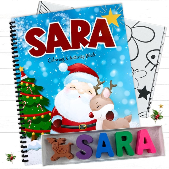 Personalized Kids Christmas Santa Reindeer Activity Coloring Book and Custom Name Crayon Gift Set