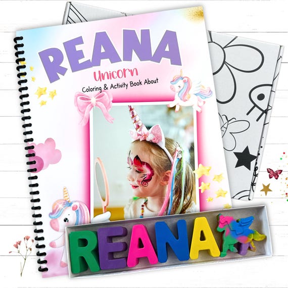 Personalized Kids Unicorn Activity Coloring Book Custom Photo Name Crayons Gift Set