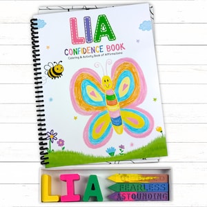 Personalized Kids Butterfly Confidence Activity Coloring Book, Custom Name Crayons Gift Box