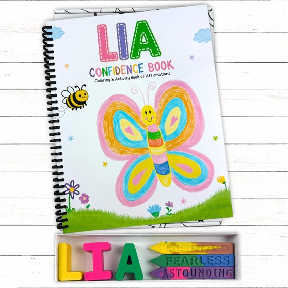 Personalized Kids Butterfly Confidence Activity Coloring Book, Custom Name Crayons Gift Box