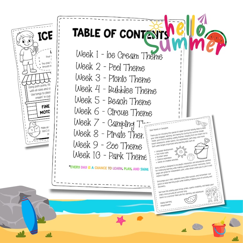Personalized Summer Activity Book for Kids - 10 Week Learning Workbook - Preschool Fine Motor, Language, Science, Number Fun - Ages 3-5