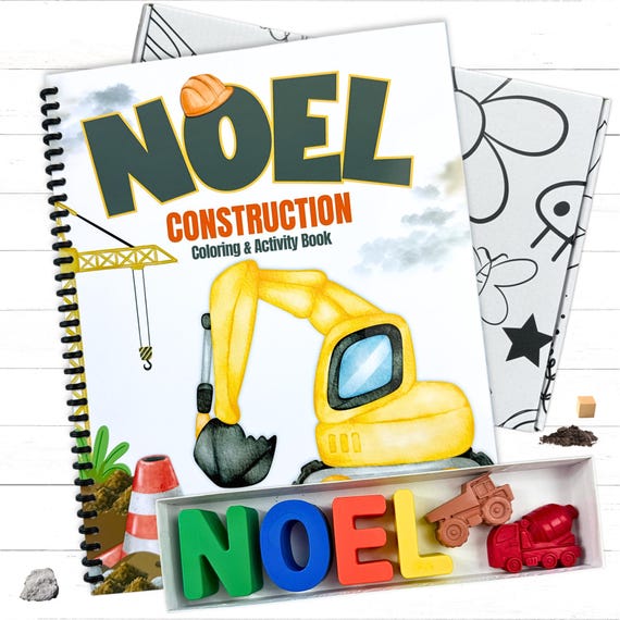 Personalized Kids Construction Coloring Activity Book Name Crayons Box Set