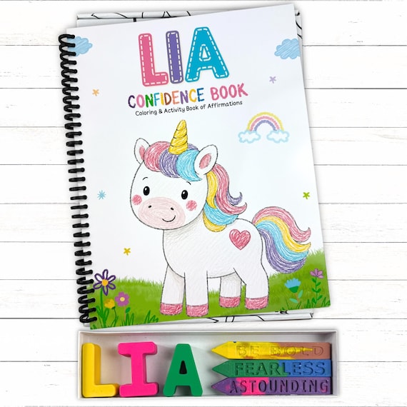 Personalized Kids Unicorn Mindset Activity Coloring Book, Custom Name Crayons Gift Box