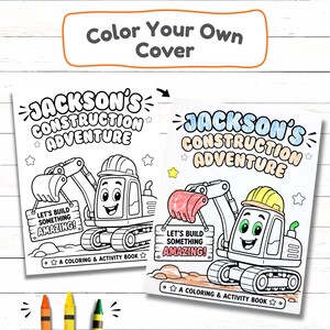 A product comparison graphic titled Color Your Own Cover displaying an uncolored excavator cover design next to a vibrant colored version with pencils.