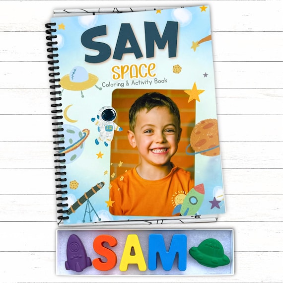 Personalized Space 3rd Birthday Coloring Book, Custom Kids Photo Picture Gift Box