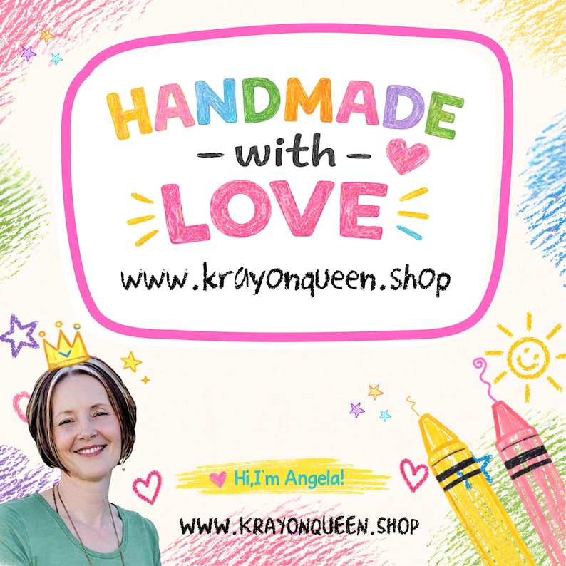 May include: A colorful graphic with the text "HANDMADE - with - LOVE" in a pink and white bubble. Below the text is the website address www.krayonqueen.shop. The image also includes a smiling woman wearing a crown.