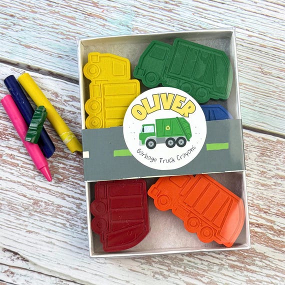 Personalized Kids Garbage Truck Crayon Gift Set Boxed Custom Name Crayons