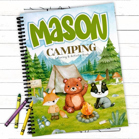 Personalized Kids Camping Activity Coloring Book, Custom Name Toddler 2nd Birthday Gift