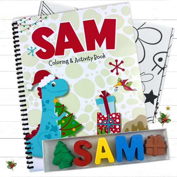 Personalized Kids Christmas Dinosaur Activity Coloring Book and Custom Name Crayon Gift Set